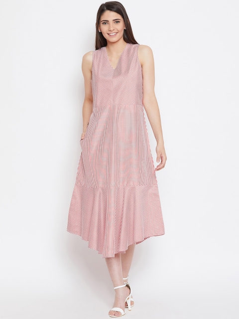 

Bitterlime Women Red & White Striped A-Line Midi Dress