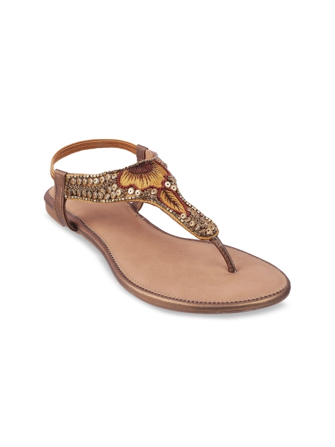 

Mochi Women Gold-Toned & Red Embellished Leather T-Strap Flats