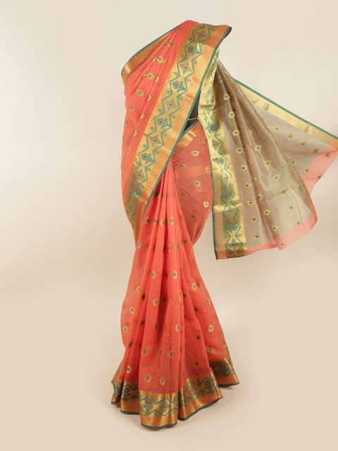 

Pothys Peach-Coloured & Green Ethnic Motifs Zari Saree