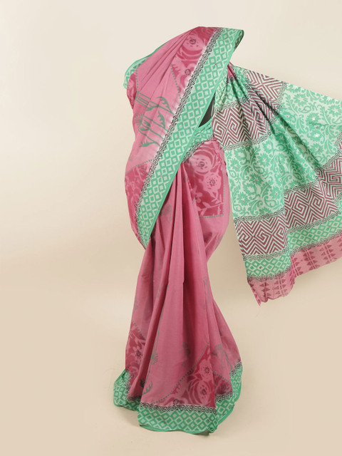 

Pothys Pink & Green Floral Pure Cotton Saree