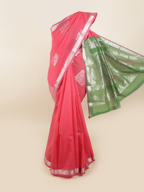 

Pothys Pink & Silver-Toned Floral Zari Silk Cotton Saree