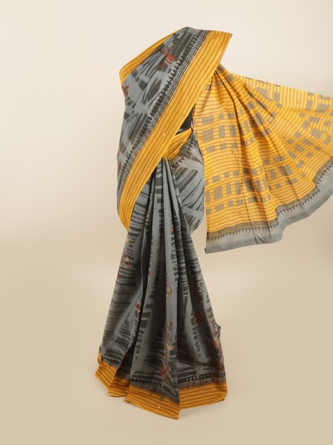 

Pothys Grey & Yellow Floral Mirror Work Pure Cotton Saree