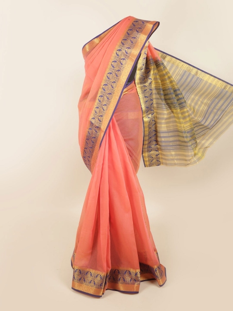 

Pothys Peach-Coloured & Gold-Toned Solid Zari Saree