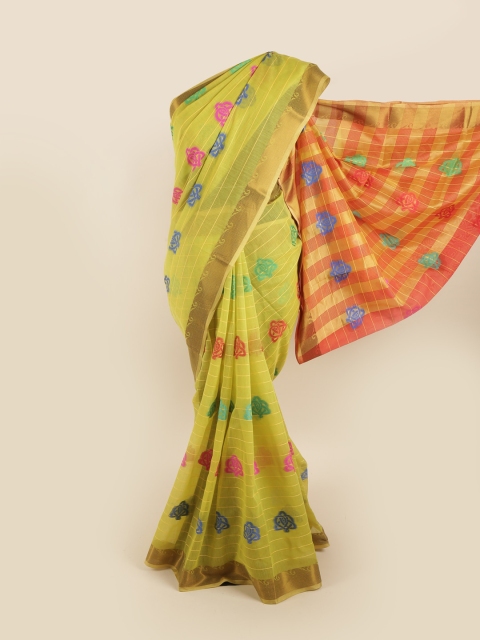 

Pothys Lime Green & Blue Ethnic Motifs Zari Saree