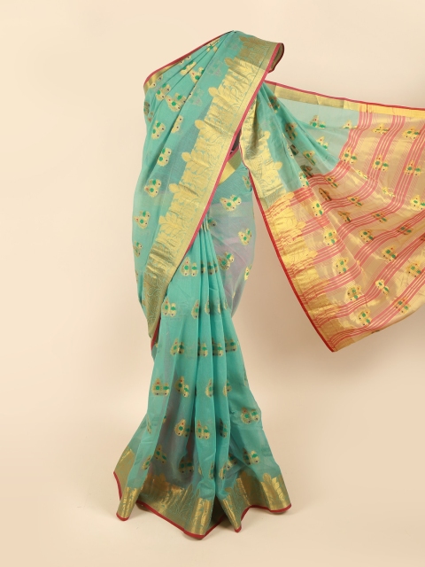 

Pothys Turquoise Blue & Gold-Toned Ethnic Motifs Zari Saree
