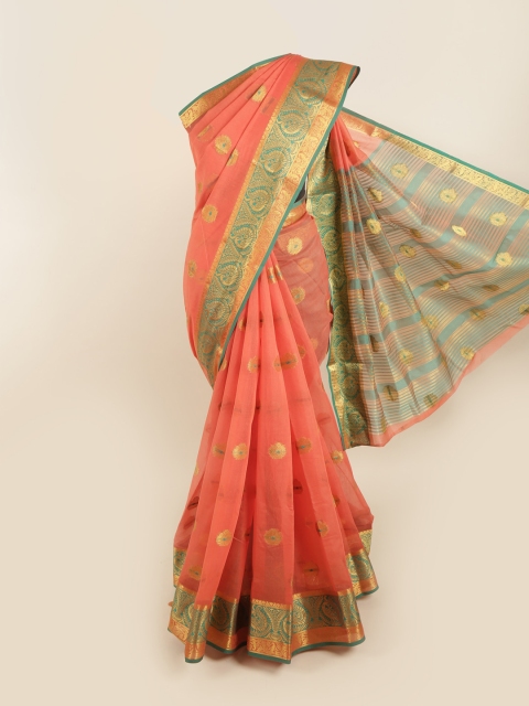 

Pothys Peach-Coloured & Gold-Toned Floral Zari Saree