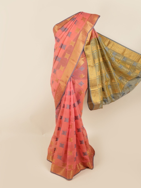 

Pothys Peach-Coloured & Gold-Toned Floral Zari Saree