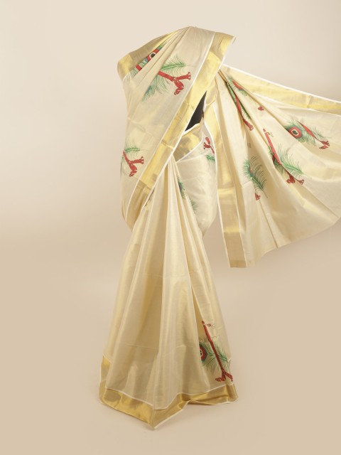 

Pothys Gold-Toned & Green Ethnic Motifs Zari Pure Cotton Saree
