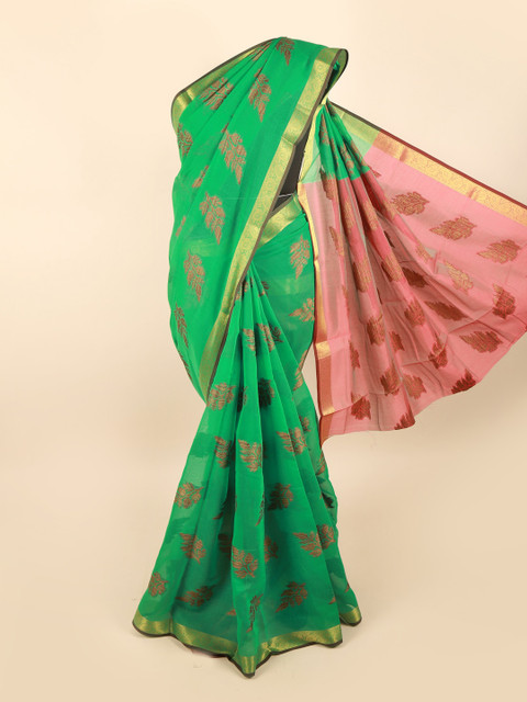 

Pothys Green & Gold-Toned Floral Zari Saree