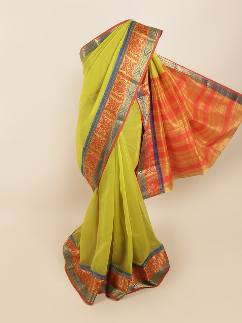 

Pothys Lime Green & Red Solid Zari Saree