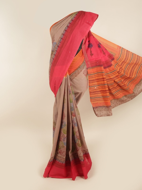 

Pothys Brown & Pink Floral Mirror Work Pure Cotton Saree