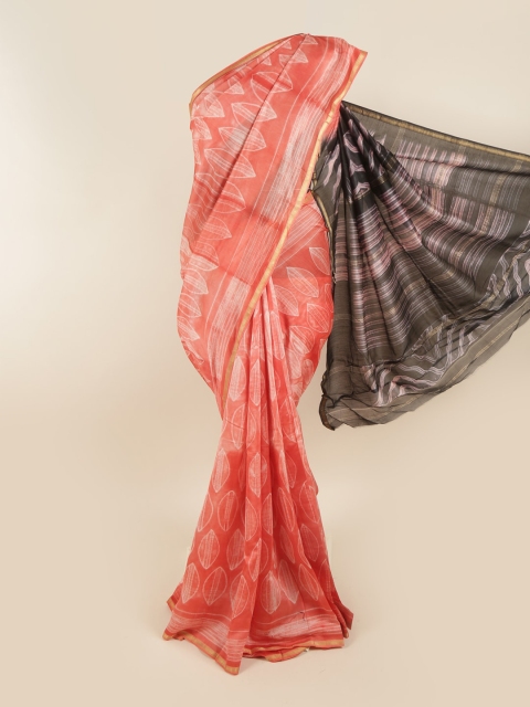 

Pothys Peach-Coloured & White Floral Zari Pure Cotton Saree