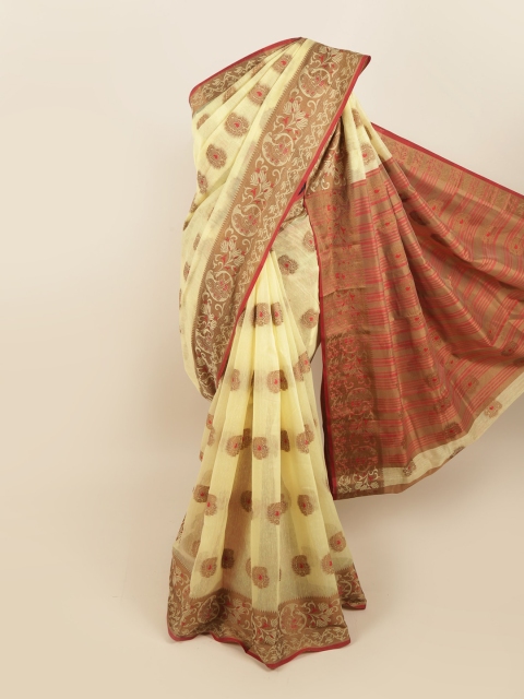 

Pothys Cream-Coloured & Gold-Toned Paisley Zari Saree