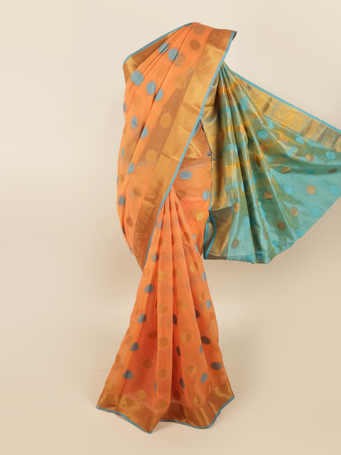 

Pothys Orange & Blue Ethnic Motifs Zari Saree