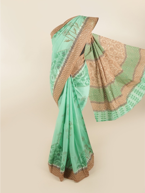 

Pothys Green & Brown Ethnic Motifs Mirror Work Pure Cotton Saree