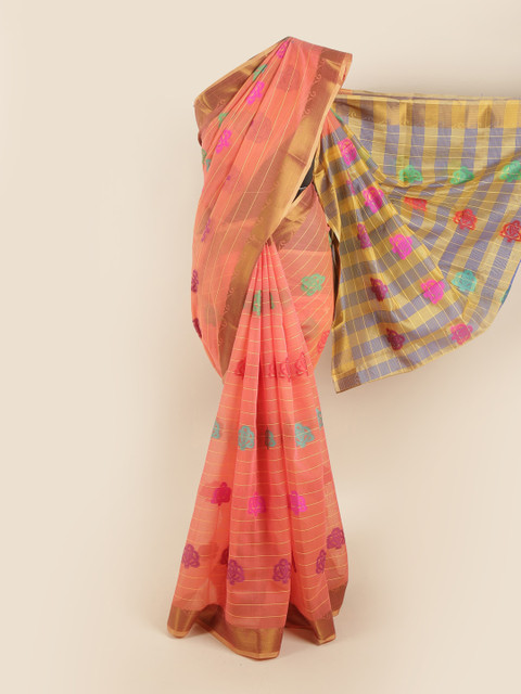 

Pothys Peach-Coloured & Gold-Toned Ethnic Motifs Zari Saree