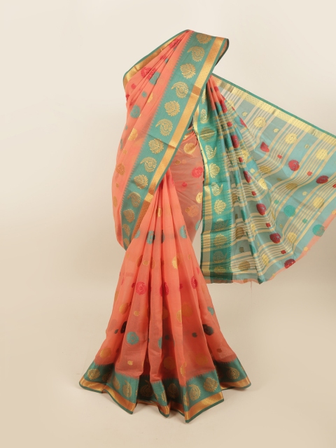 

Pothys Peach-Coloured & Green Ethnic Motifs Zari Saree