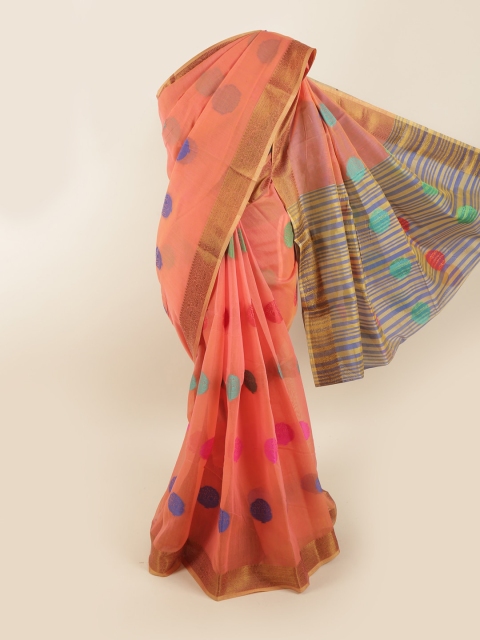 

Pothys Peach-Coloured & Blue Ethnic Motifs Zari Saree