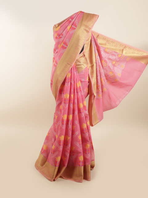 

Pothys Pink & Gold-Toned Ethnic Motifs Zari Saree