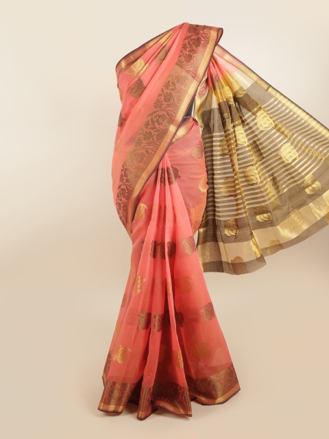 

Pothys Peach-Coloured & Brown Ethnic Motifs Zari Saree