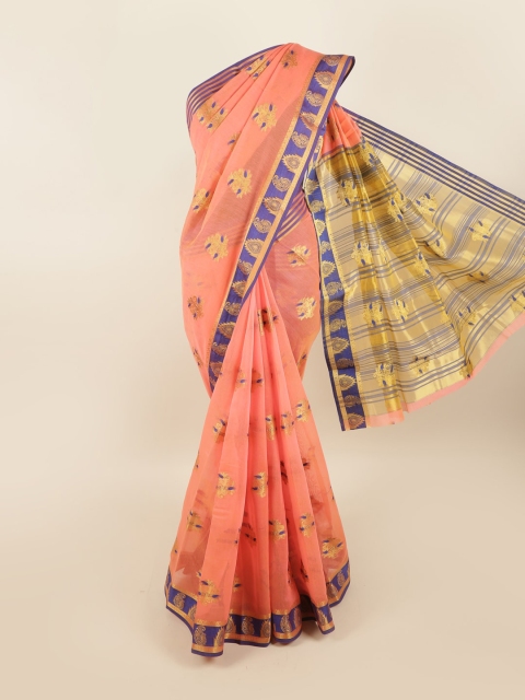 

Pothys Peach-Coloured & Blue Ethnic Motifs Zari Saree