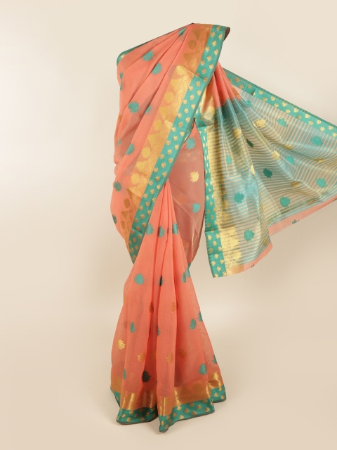 

Pothys Peach-Coloured & Green Ethnic Motifs Zari Saree