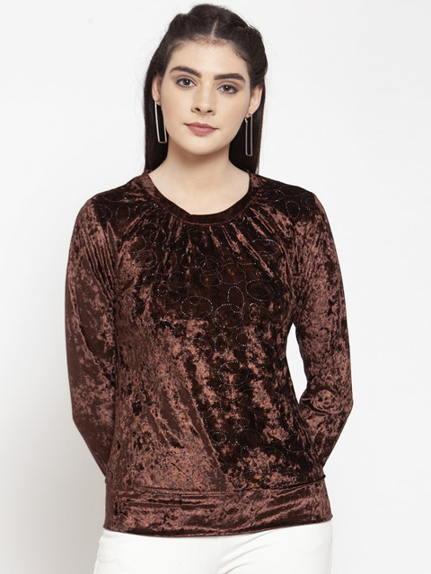 

armure Brown & Silver-Toned Embellished Velvet Top
