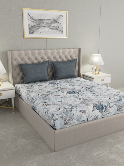 

Trident Unisex Blue Floral Printed 144 TC Queen Bedsheet with 2 Pillow Covers