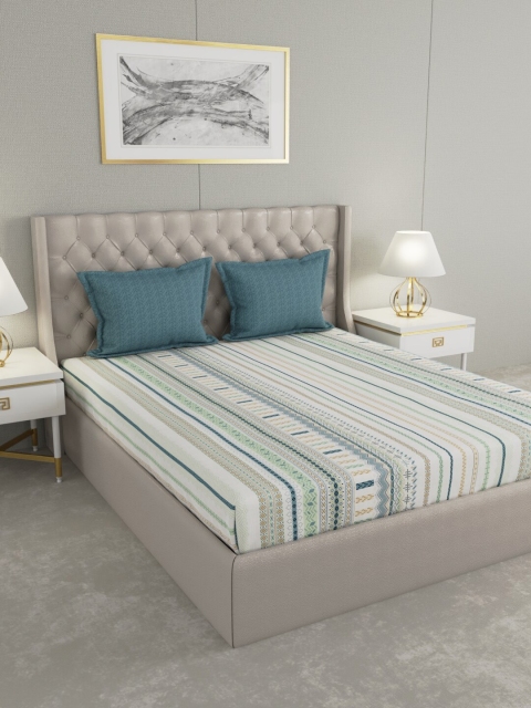 

Trident Blue & Green Striped 144 TC Queen Bedsheet with 2 Pillow Covers