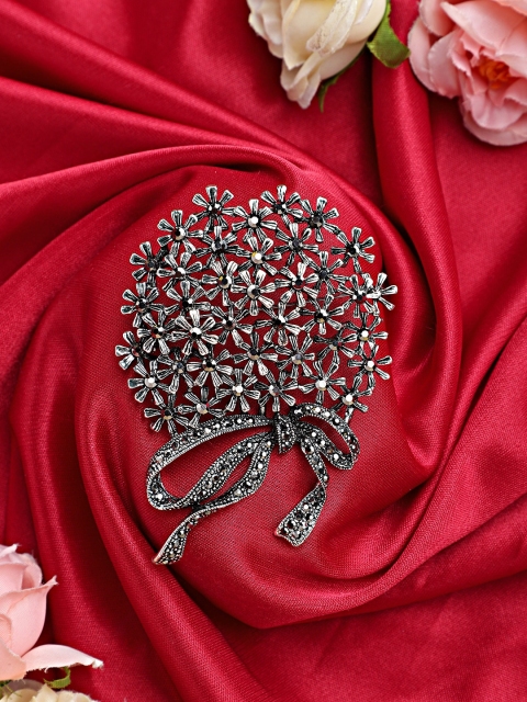 

Mali Fionna Silver-Toned & Black Stone-Studded Brooch