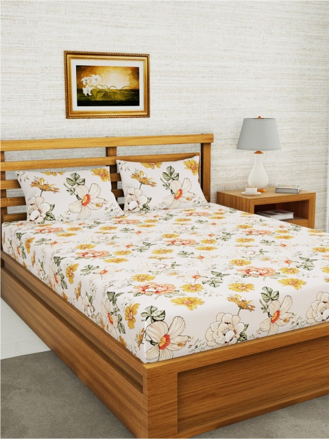 

BIANCA Beige & Yellow Floral 152 TC Queen Bedsheet with 2 Pillow Covers