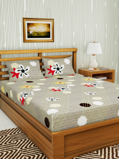 

BIANCA Khaki & Red Floral 152 TC Queen Bedsheet with 2 Pillow Covers