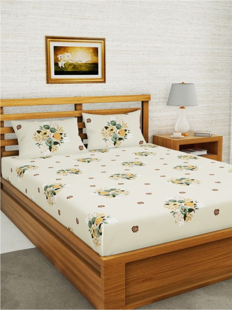 

BIANCA Beige & Green Floral 152 TC Queen Bedsheet with 2 Pillow Covers