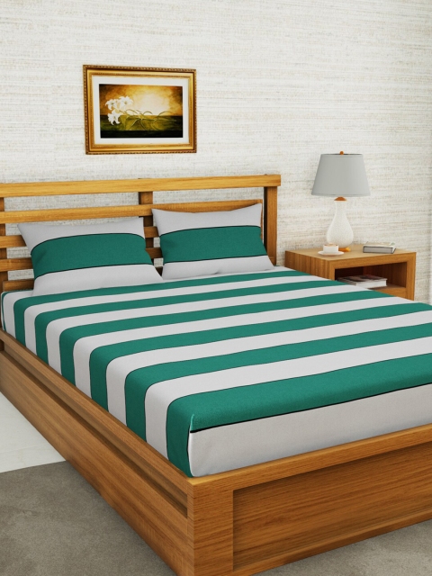 

BIANCA Grey & Green Striped 152 TC Queen Bedsheet with 2 Pillow Covers