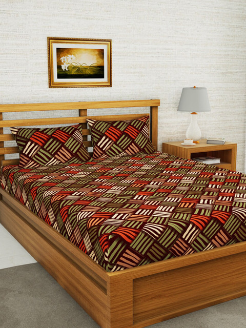 

BIANCA Brown & Red Geometric 152 TC Queen Bedsheet with 2 Pillow Covers