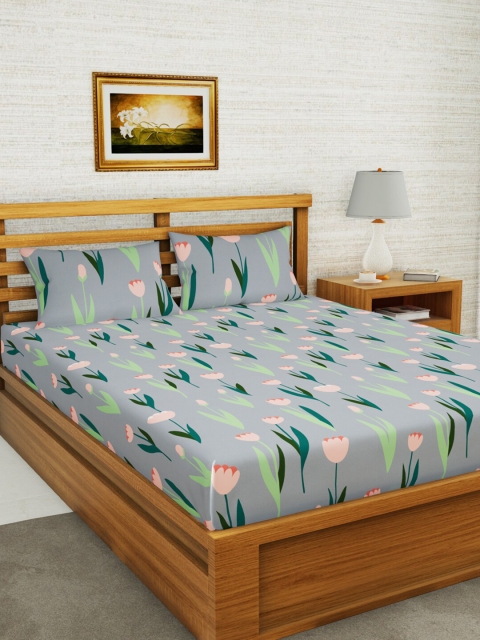 

BIANCA Grey & Peach-Coloured Floral 152 TC Queen Bedsheet with 2 Pillow Covers