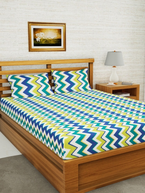 

BIANCA White & Blue Geometric 152 TC Queen Bedsheet with 2 Pillow Covers