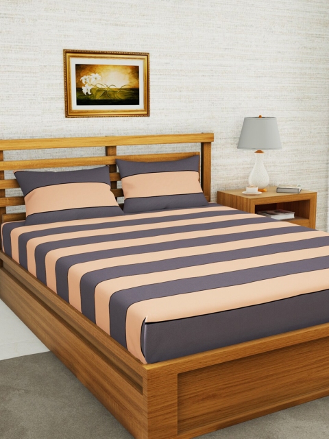 

BIANCA Grey & Peach-Coloured Striped 152 TC Queen Bedsheet with 2 Pillow Covers