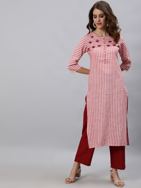 

Anubhutee Women Pink & Red Striped Regular Kurta With Trousers