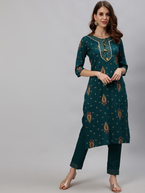 

Anubhutee Women Green Floral Printed Regular Kurta with Trousers