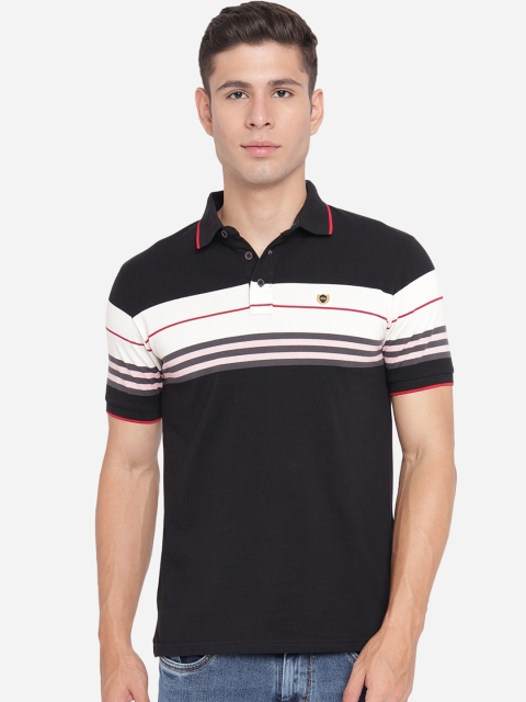 

JADE BLUE Men Black & White Striped Polo Collar Slim Fit T-shirt