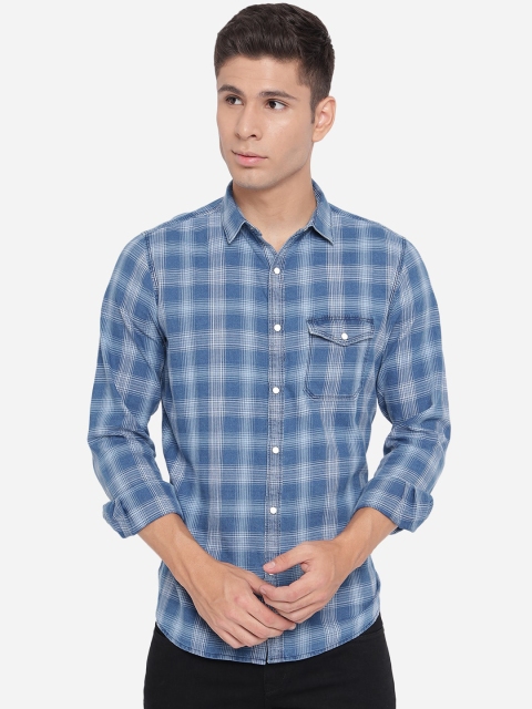 

JADE BLUE Men Blue Slim Fit Pure Cotton Checked Casual Shirt