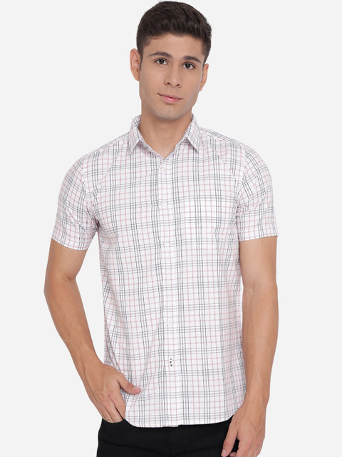 

JADE BLUE Men White Slim Fit Opaque Checked Pure Cotton Casual Shirt