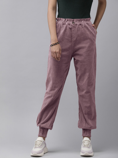

Roadster Women Purple Textured Joggers Fit Trousers