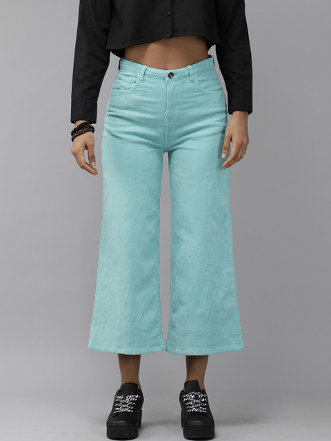 

The Roadster Lifestyle Co Women Blue Straight Fit Corduroy Crop Culottes Trousers