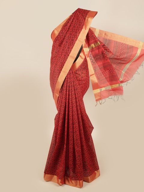 

Pothys Red & Gold-Toned Floral Silk Cotton Saree