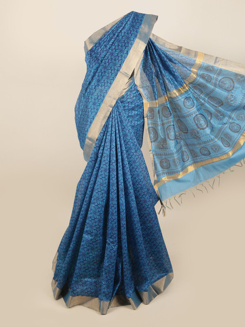 

Pothys Blue & Silver-Toned Floral Silk Cotton Saree