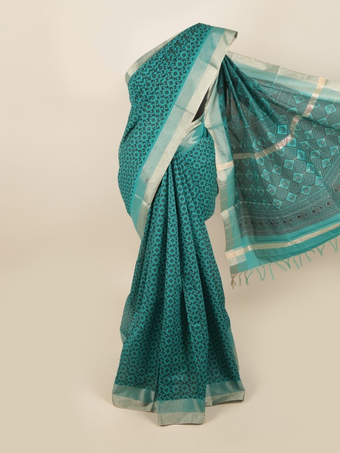 

Pothys Green & Silver-Toned Zari Silk Cotton Saree