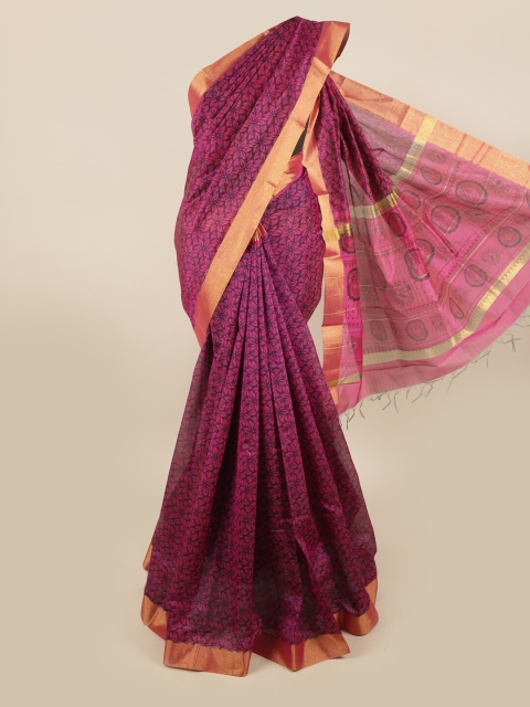 

Pothys Magenta & Gold-Toned Floral Zari Silk Cotton Saree