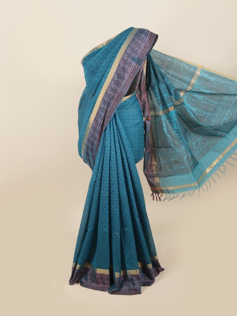 

Pothys Blue & Purple Floral Printed Zari Silk Cotton Saree